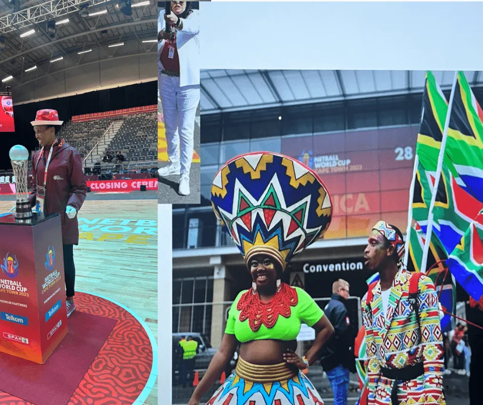 Netball World Cup 2023 in Cape Town: the trophy on display at the closing ceremony, and performers in traditional dress outside the convention centre