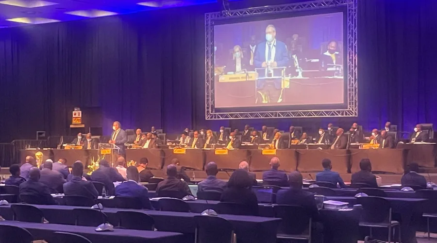 Speaker on a large screen above delegates seated in a conference hall