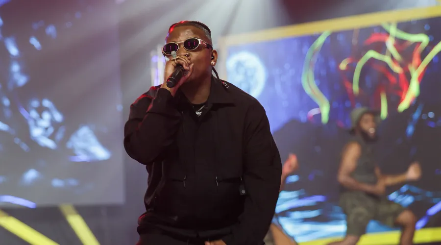Artist performing live on stage in front of a lit video screen