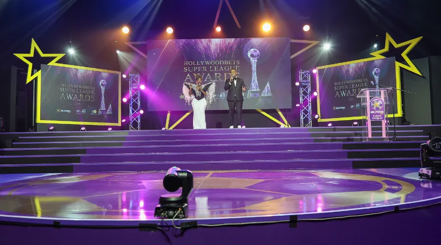 Two hosts on stage at the Hollywoodbets Super League Awards